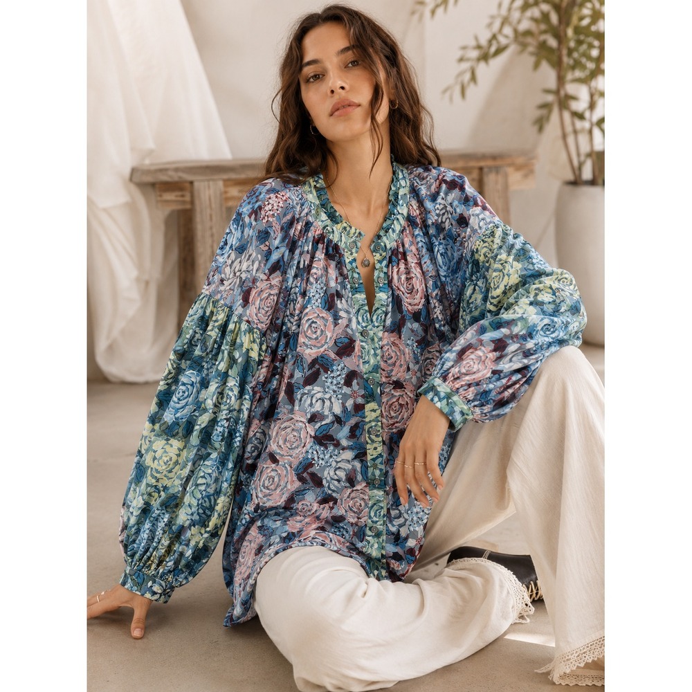 2/$30 Jodifl Blouse Top Sz S Oversized Floral Mixed Print Balloon Sleeve